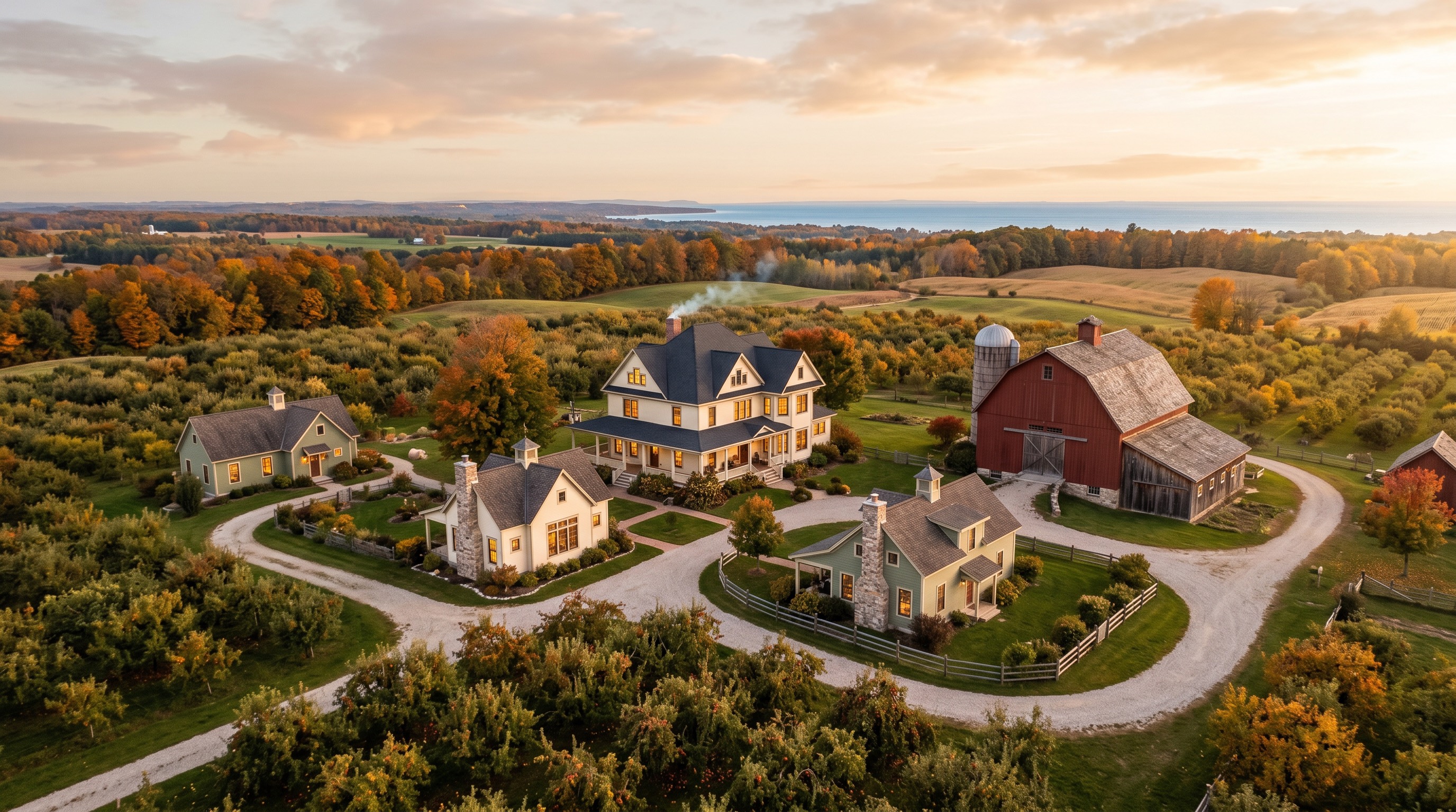 Cedarwick Farmhouse seen from above — orchard, farmhouse, and barn