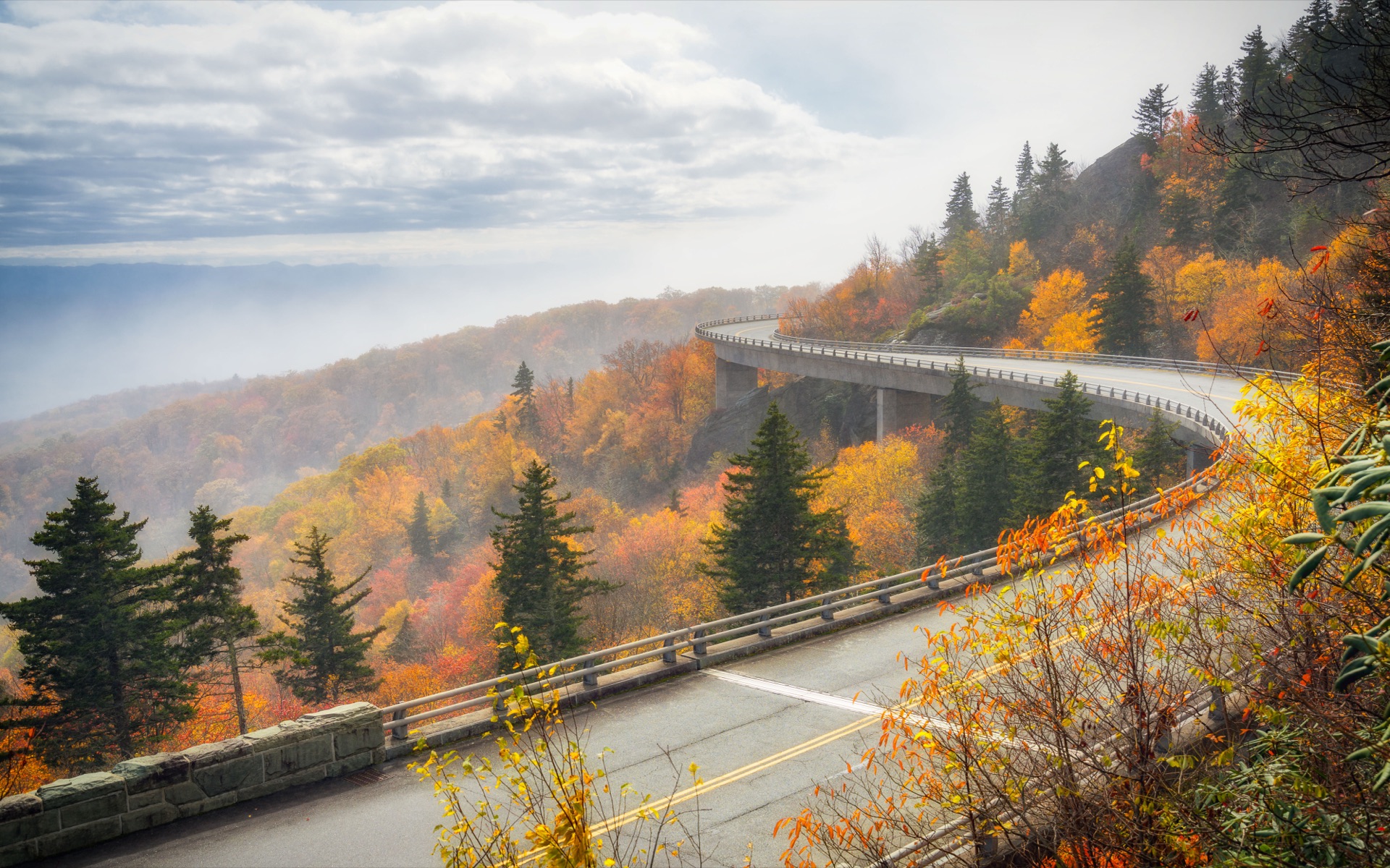 The road up — a mountain road curving through fog and autumn color