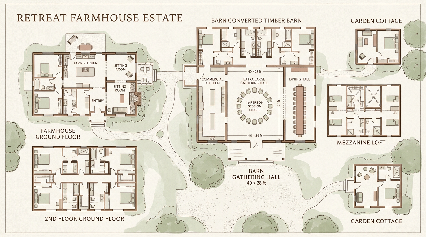 Illustrated floor plan of the Cedarwick estate — farmhouse, timber barn with gathering hall, and garden cottages