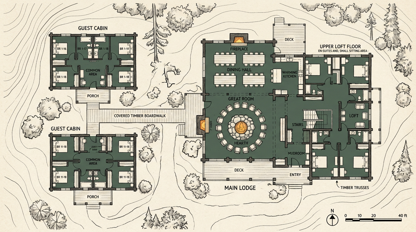 Illustrated plan of Flint Ridge Lodge and grounds — the great room with its round table, the upper loft floor, and the outlying cabins among the trees