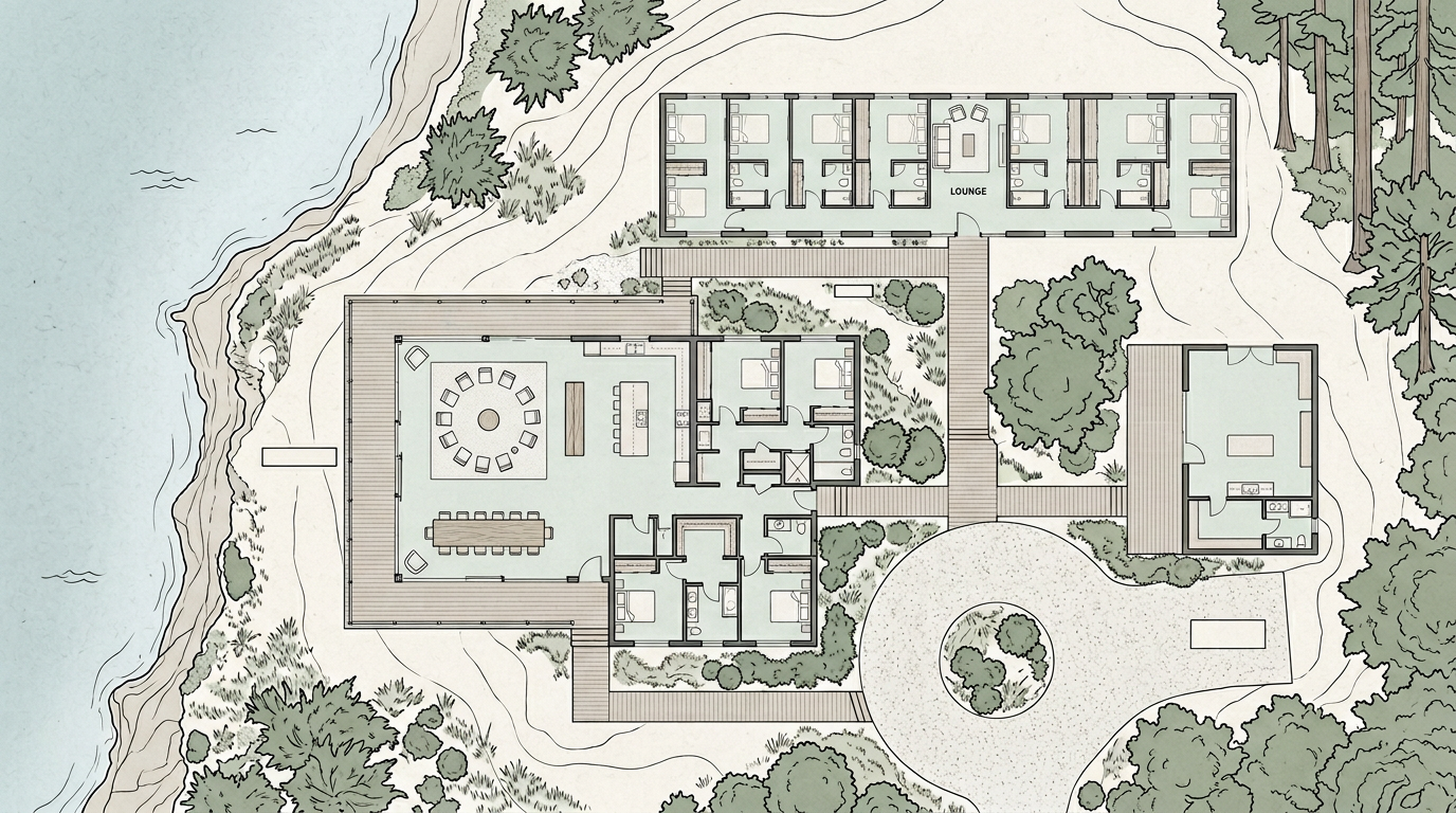 Illustrated plan of the Saltbluff house and headland — glass great room, bedroom wing, drive, and shoreline