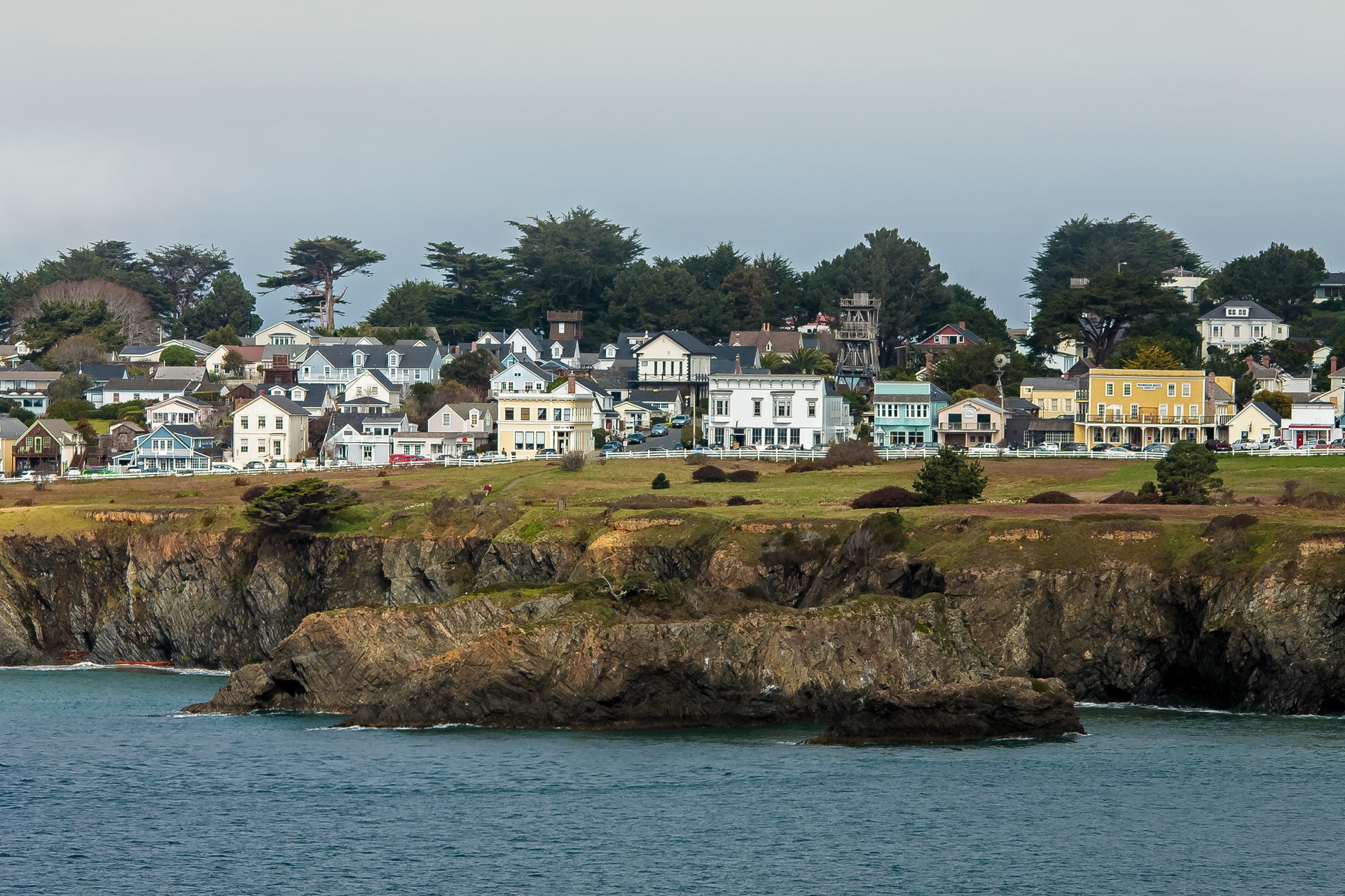 Mendocino village on its bluff, seen from the water